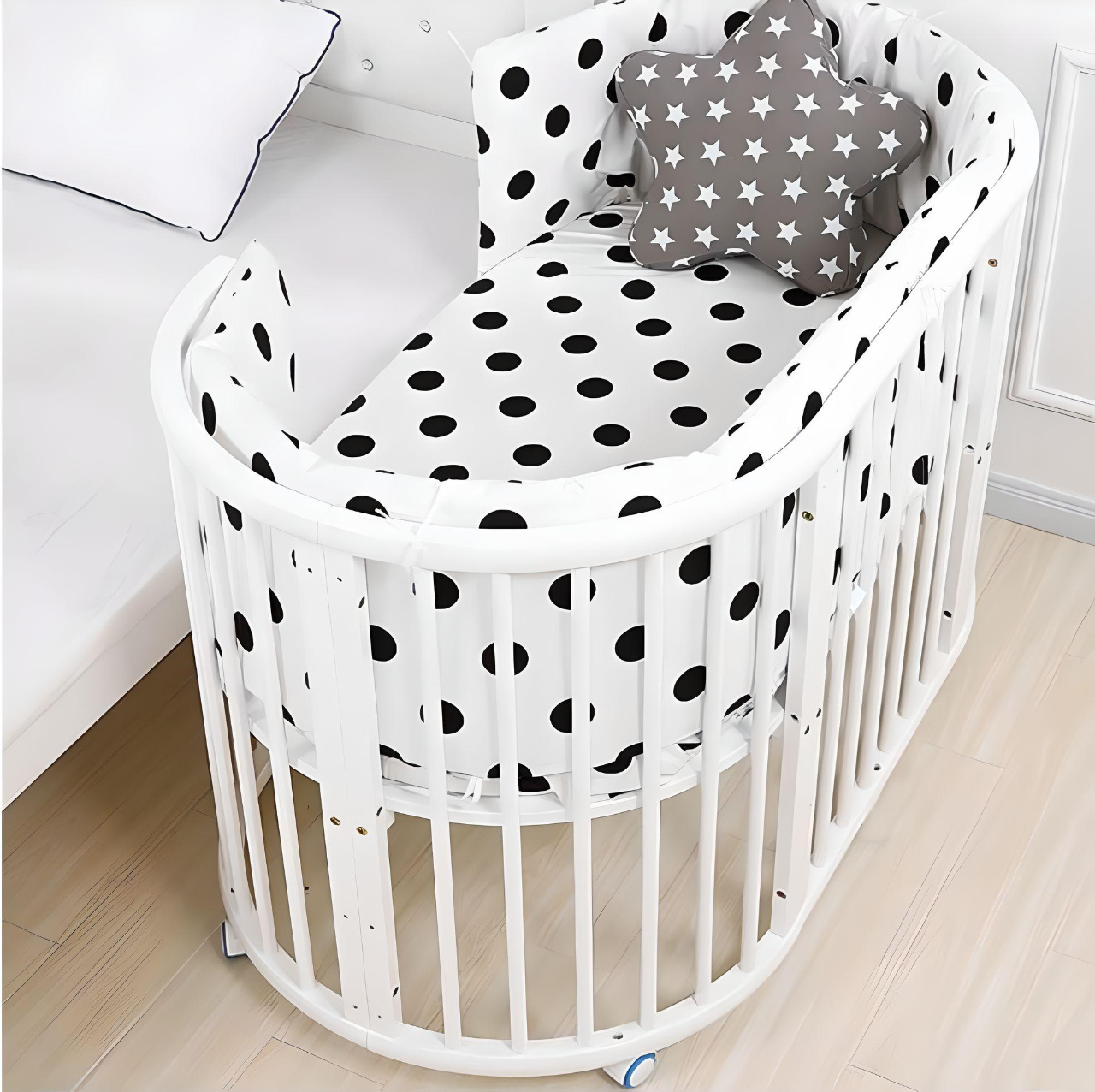 Evelyn 6 in 1 Multifunctional European Oval Pinewood Crib Cot (White). Newborn - 15 Years
