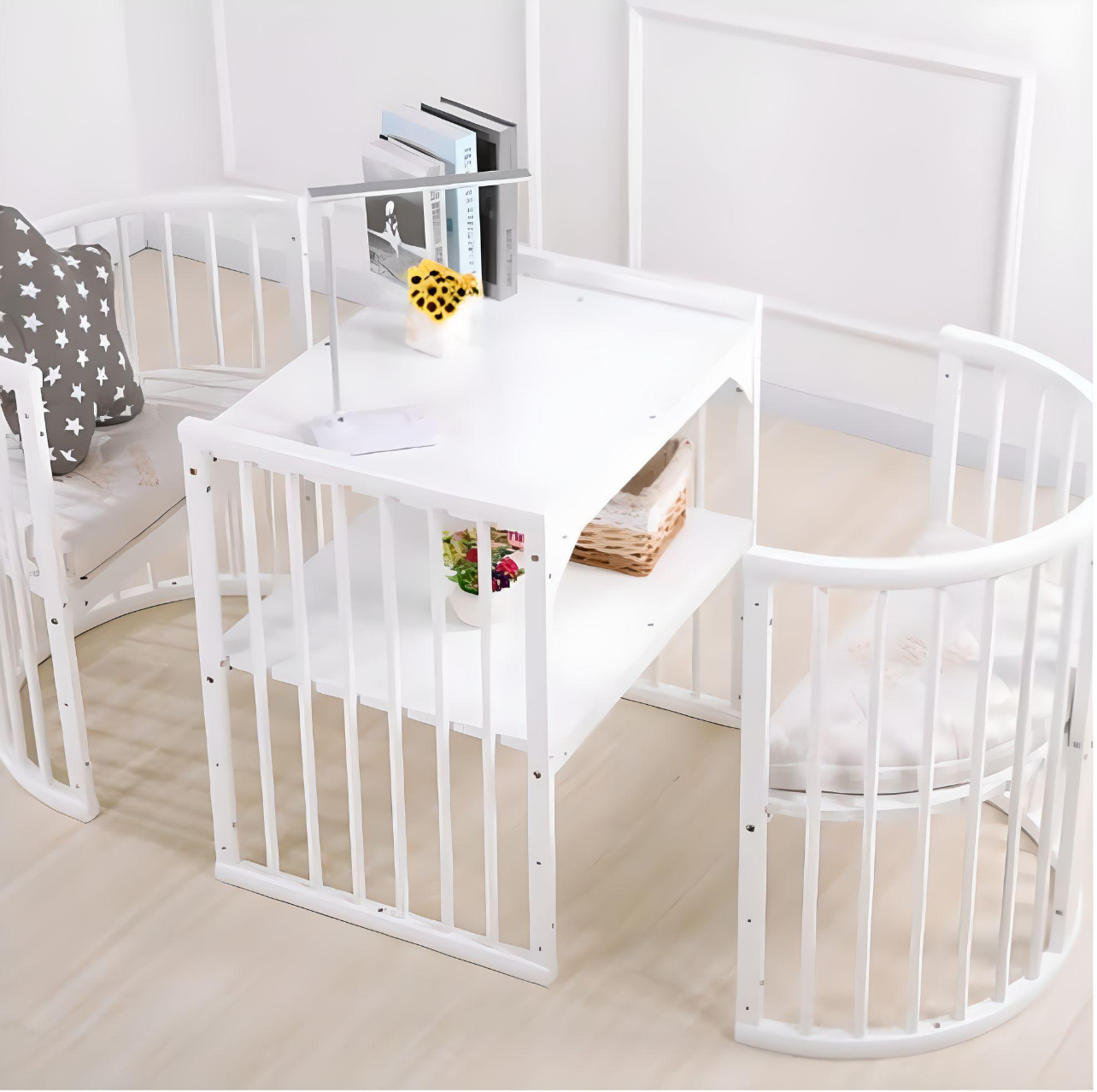 Evelyn 6 in 1 Multifunctional European Oval Pinewood Crib Cot (White). Newborn - 15 Years