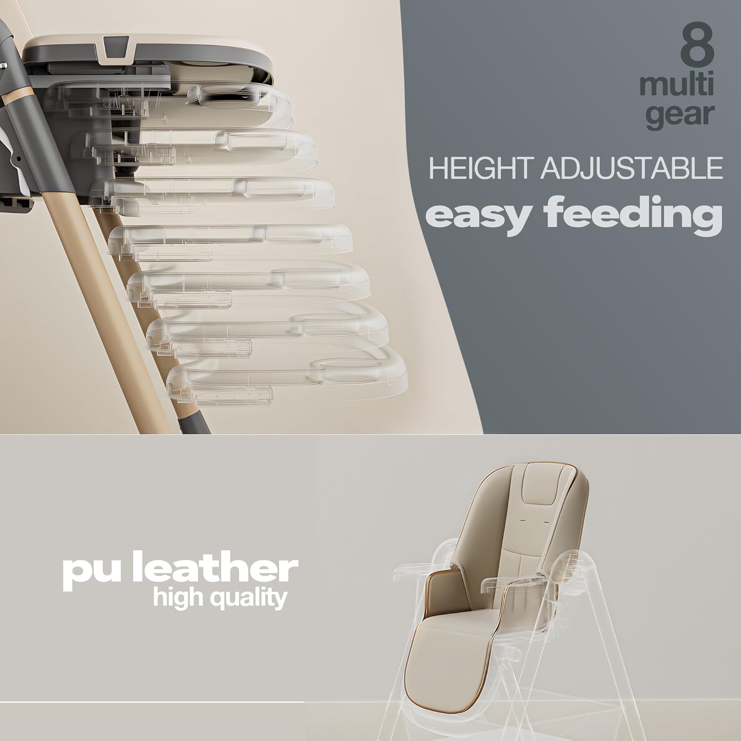 Luxia 3 in 1 Baby High Chair for Kids, Baby Feeding Chair with 8 Height Adjustable, Footrest, Tray, 160° Recline | 0M - 6 Years