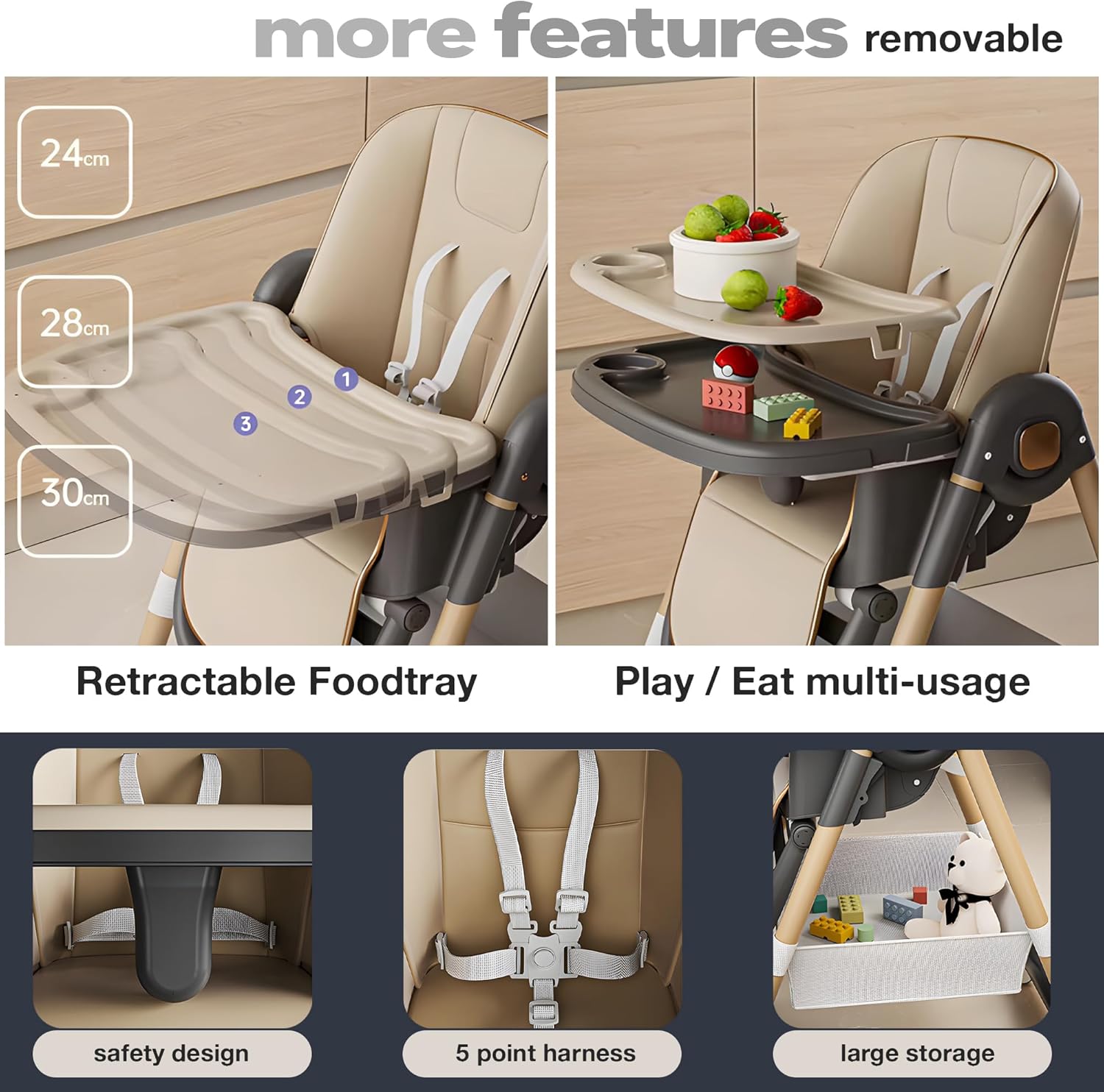 Luxia 3 in 1 Baby High Chair for Kids, Baby Feeding Chair with 8 Height Adjustable, Footrest, Tray, 160° Recline | 0M - 6 Years