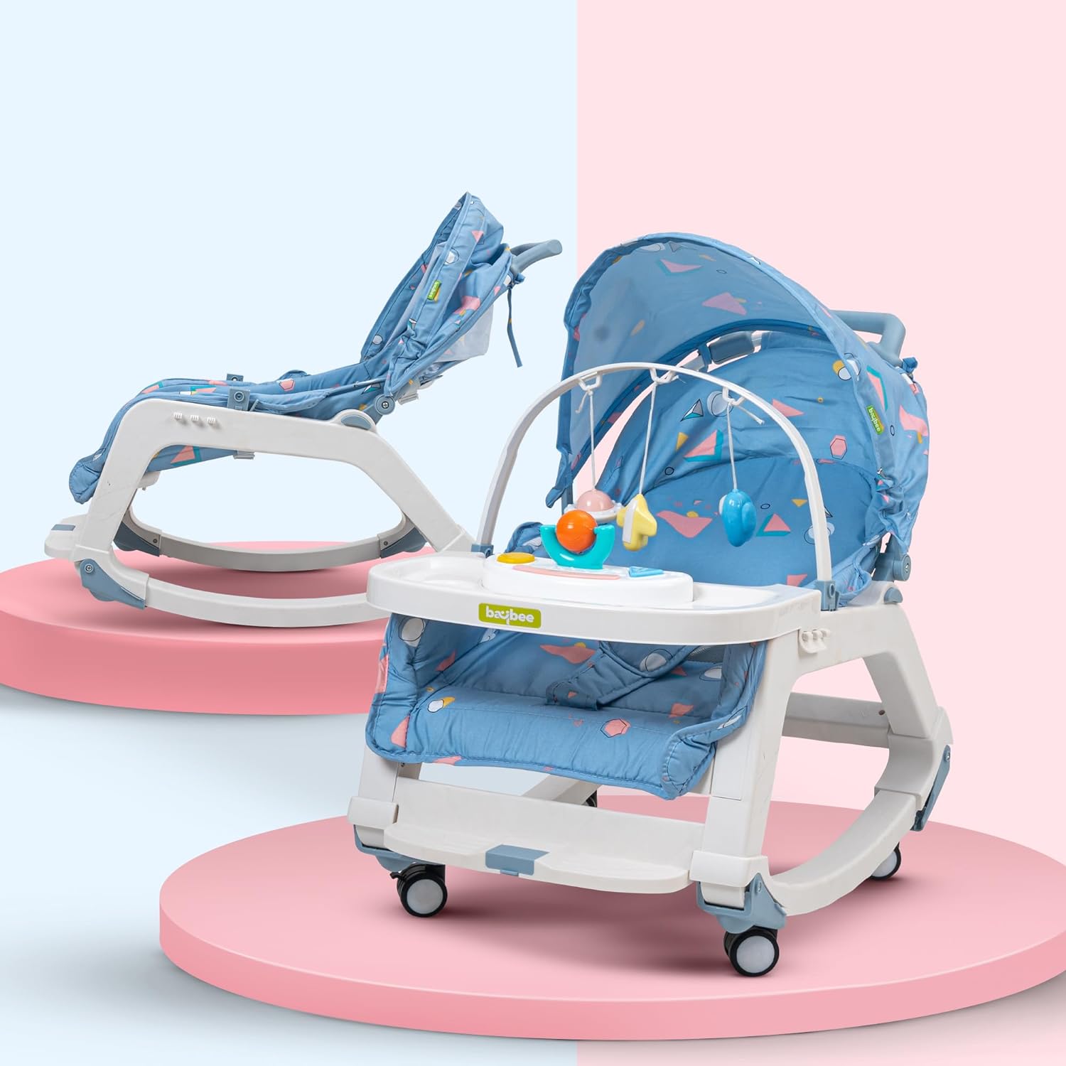 Minikin 5in1 Baby Rocker cum Feeding Chair with Wheels I Hanging Toys & Soothing Music I NB-4Years