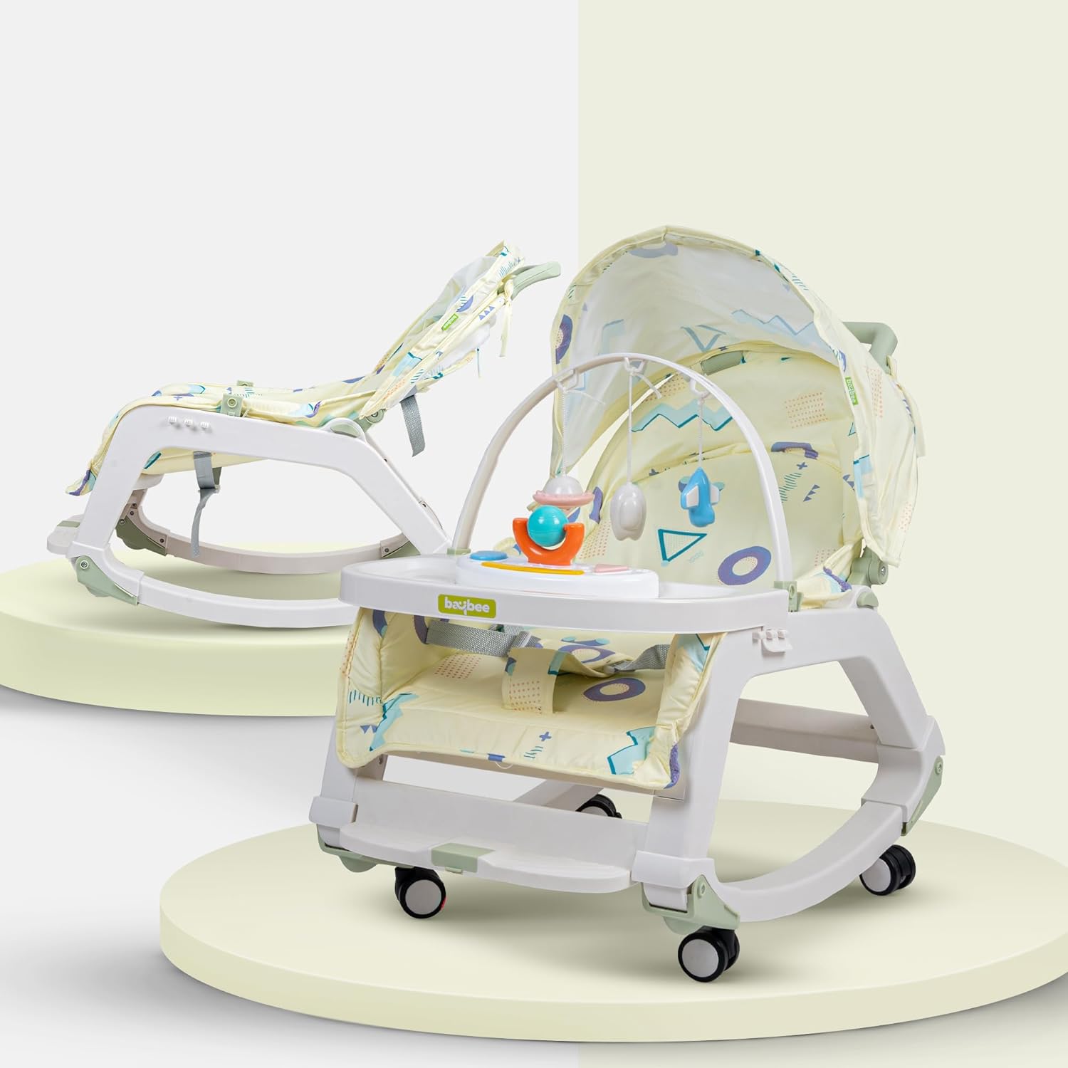 Minikin 5in1 Baby Rocker cum Feeding Chair with Wheels I Hanging Toys & Soothing Music I NB-4Years