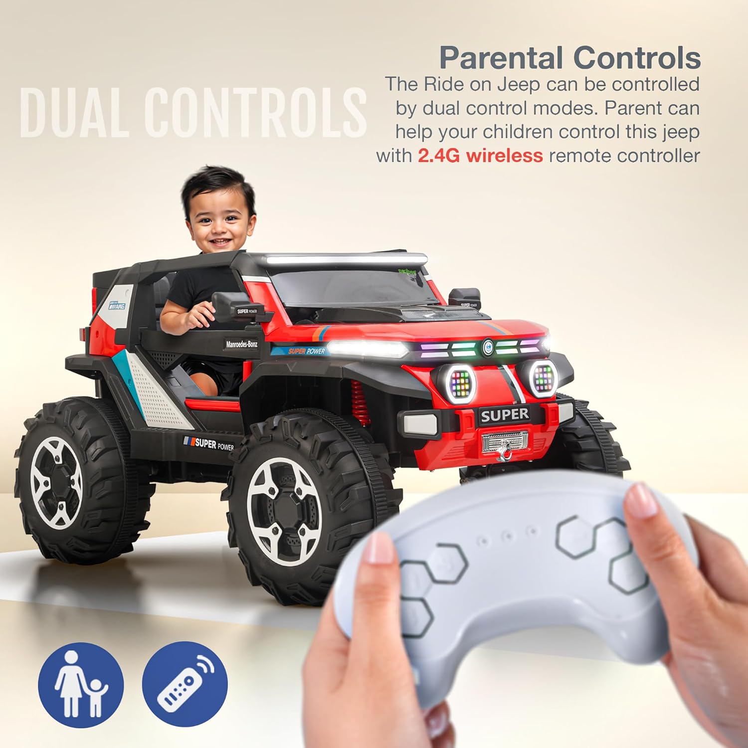 Minikin Thor 4x4 Electric Rechargeable Jeep I LED Head Lights & Music I 1-9 Years