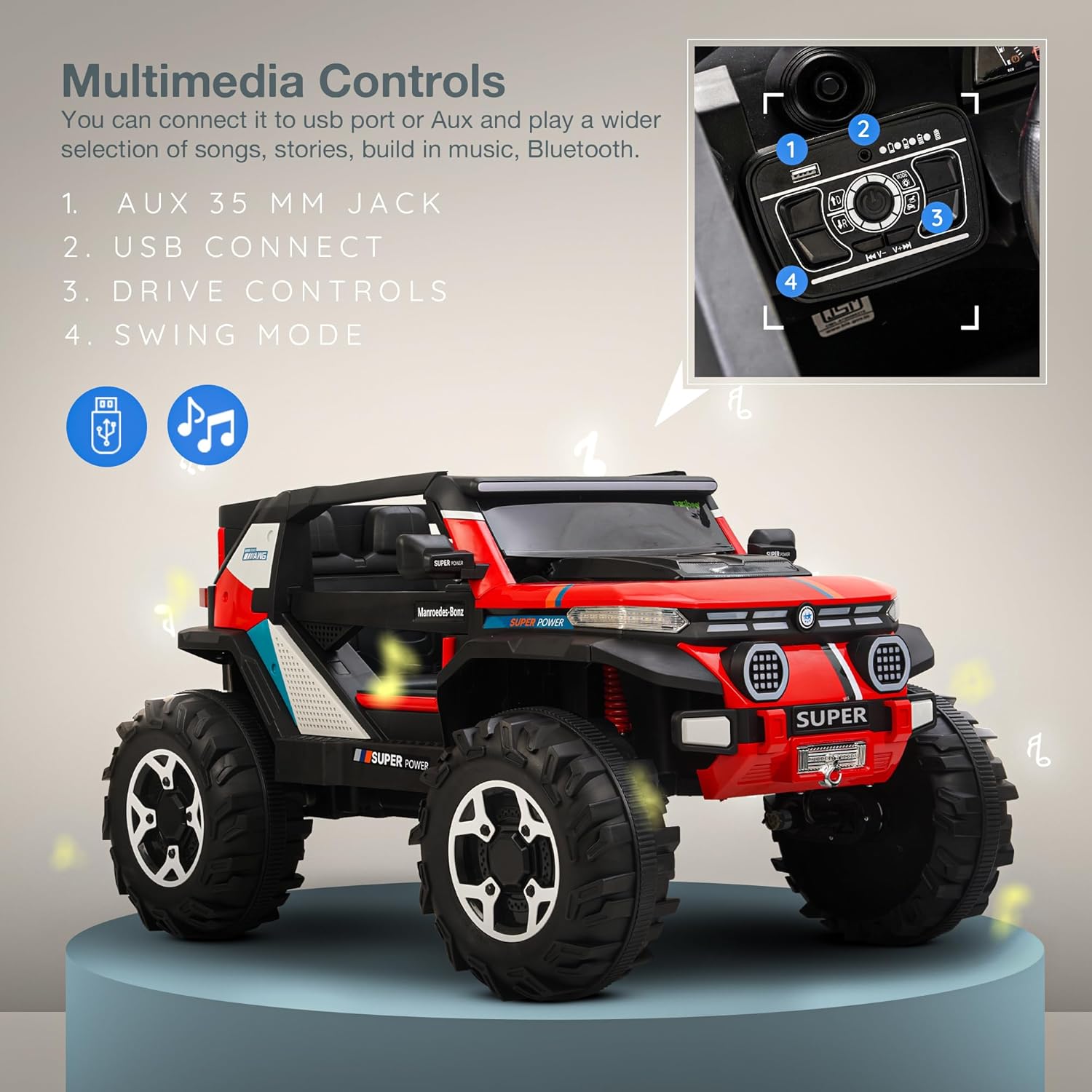 Minikin Thor 4x4 Electric Rechargeable Jeep I LED Head Lights & Music I 1-9 Years