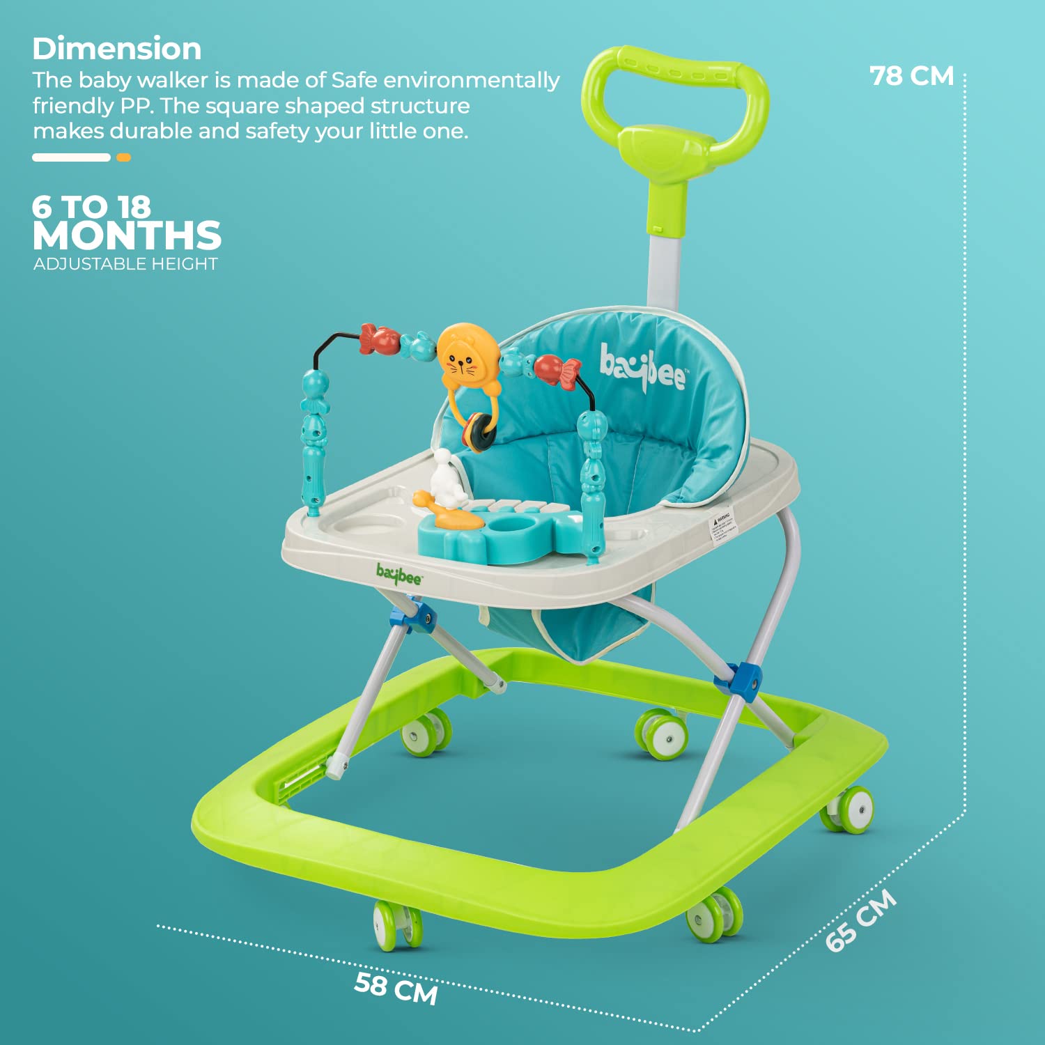 Minikin Nexus Baby Walker I Parental Control Handle I 2 Step Height Adjustment I Anti-Rollover Design I Musical Toy Bar I 6M - 24M