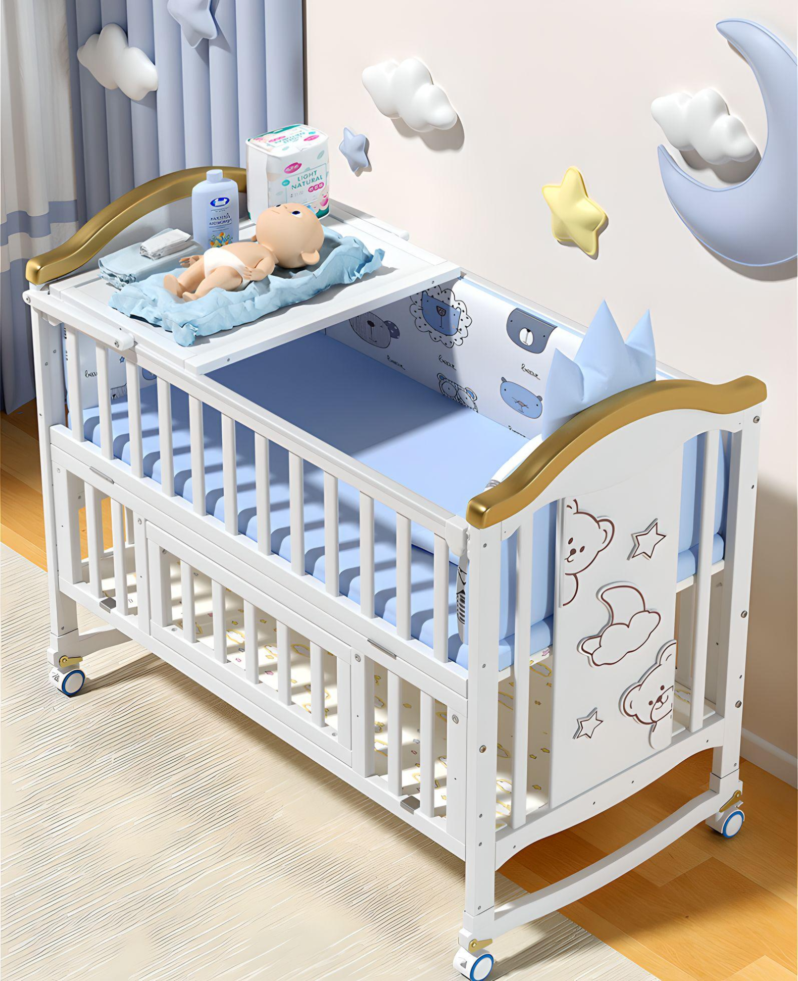 Minikin Emperia Co-Sleeping Extendable Wooden Crib I Mattress & Bumper Bed I NB - 6 Years