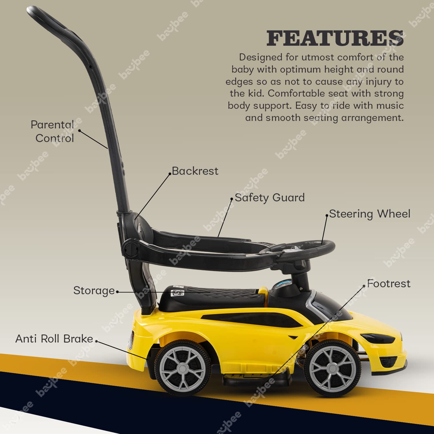 Minikin Lambo Pro 2 in 1 Push Ride on Car | Parental Bar | Anti-Fall Guard | 6M - 4 Years