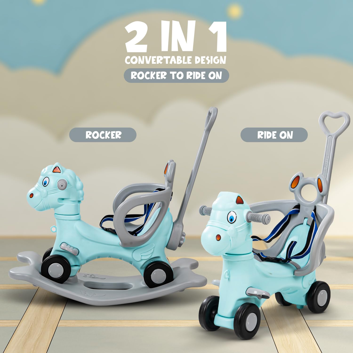 3-in-1 Baby Horse Ride On - Push Car, Rocker & Rider with Safety Belt (1-3 years)