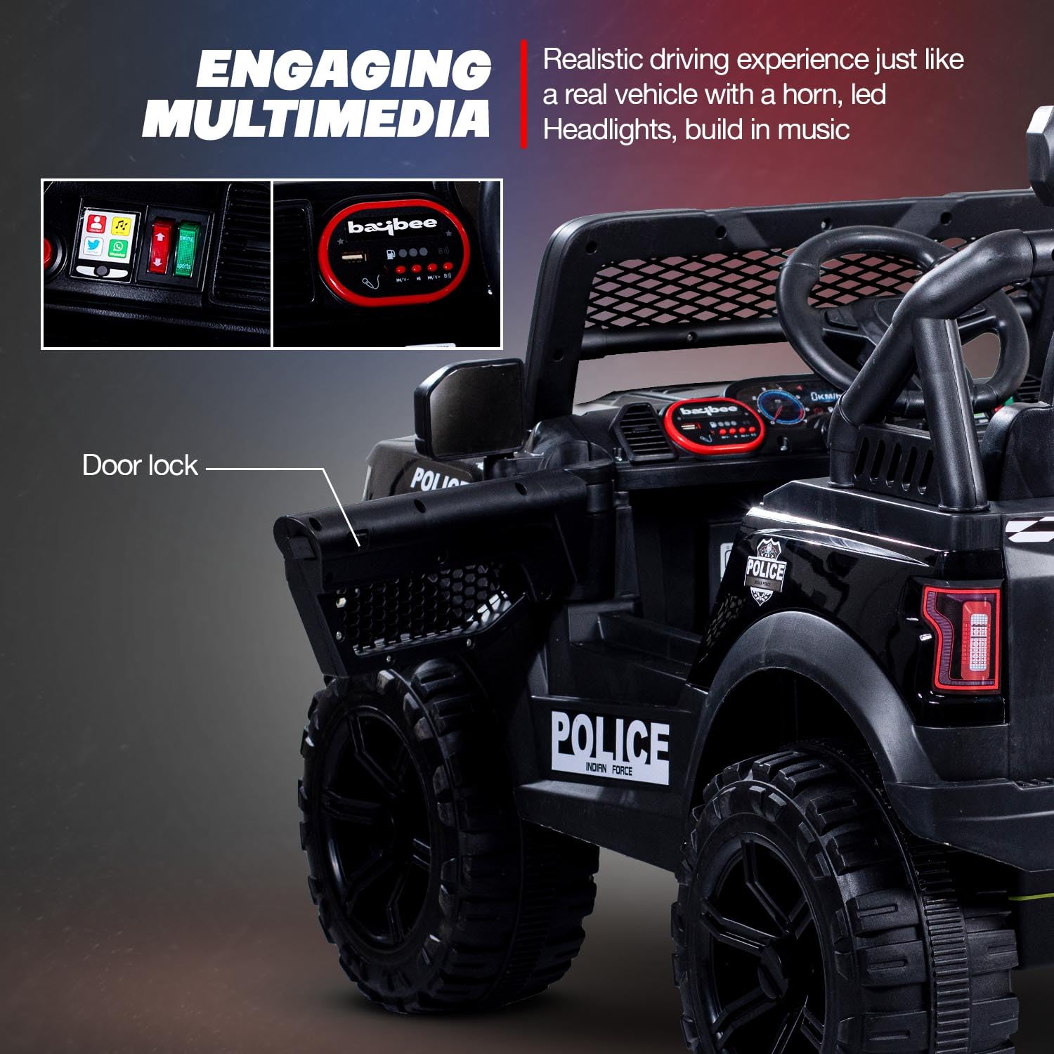 Minikin Pobo Kids Electric Jeep - Rechargeable, Lights & Music (Ages 1-8)