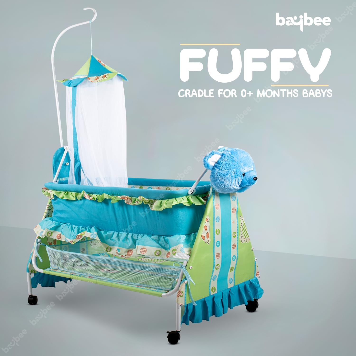 Minikin Fuffy Baby Swing Cradle I Canopy Mosquito Net I Storage Basket I Portable with Wheels I NB - 1 year I Pink