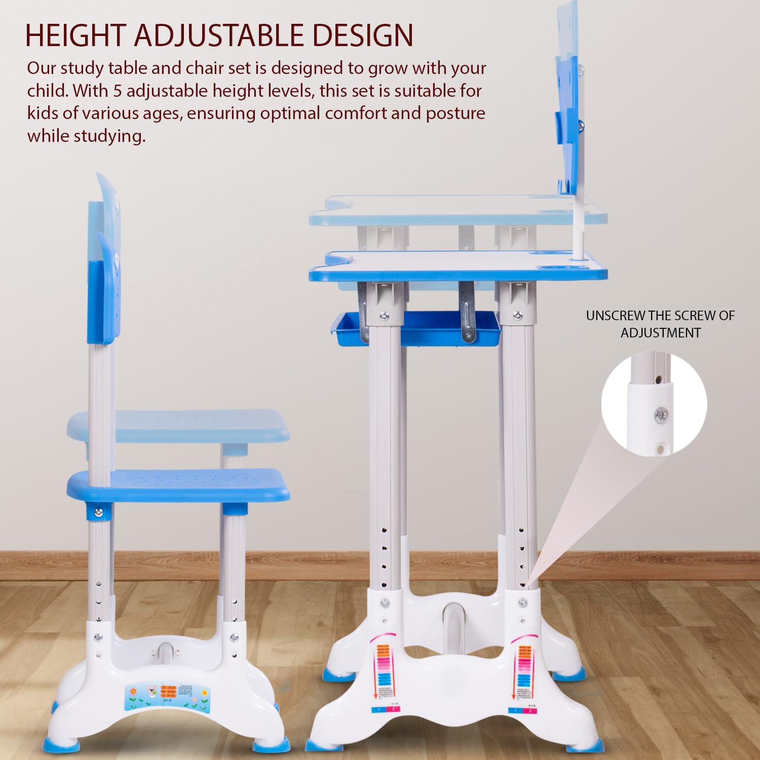 Minikin Intellect Functional Study Desk and Chair Set I Height Adjustable Study Table with Tablet Holder I 3-15 Years