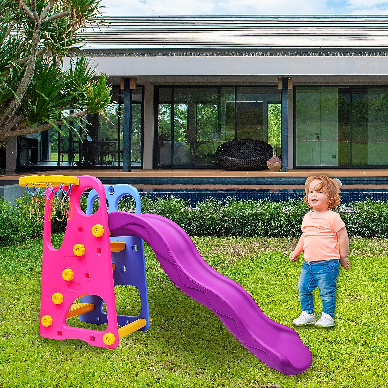 Minikin Wavy Slide for Garden & Indoors for Kids with Basket Ball | 1-5 Years