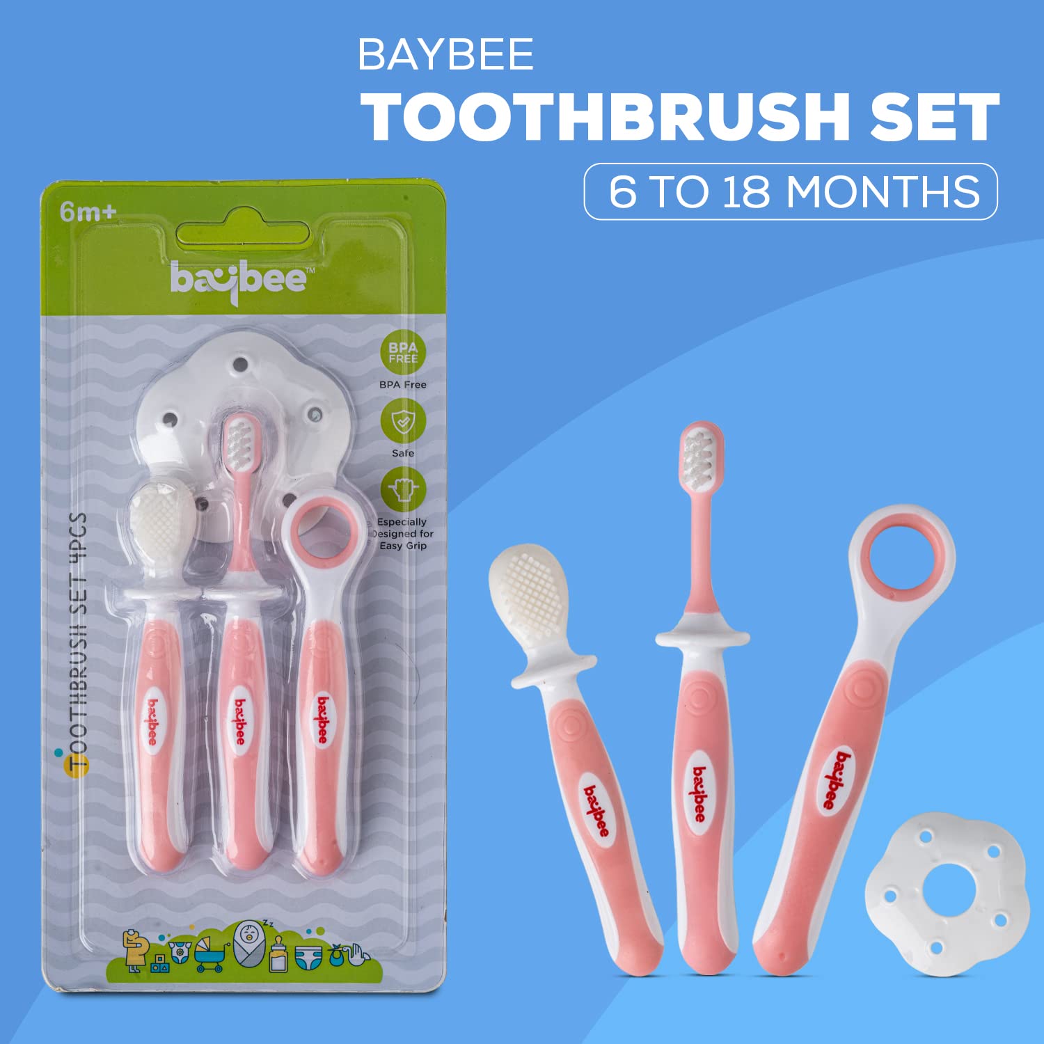 Soft Silicone Baby Toothbrush Set with Anti Chock Shield, Tongue Cleaner - Set of 4 - (Pink) - The Minikin Store