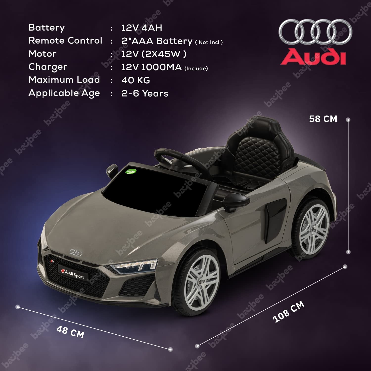 Audi R8 Official Licensed Kids Electric Rideon Car Age 1-5 Years (Metallic Grey)