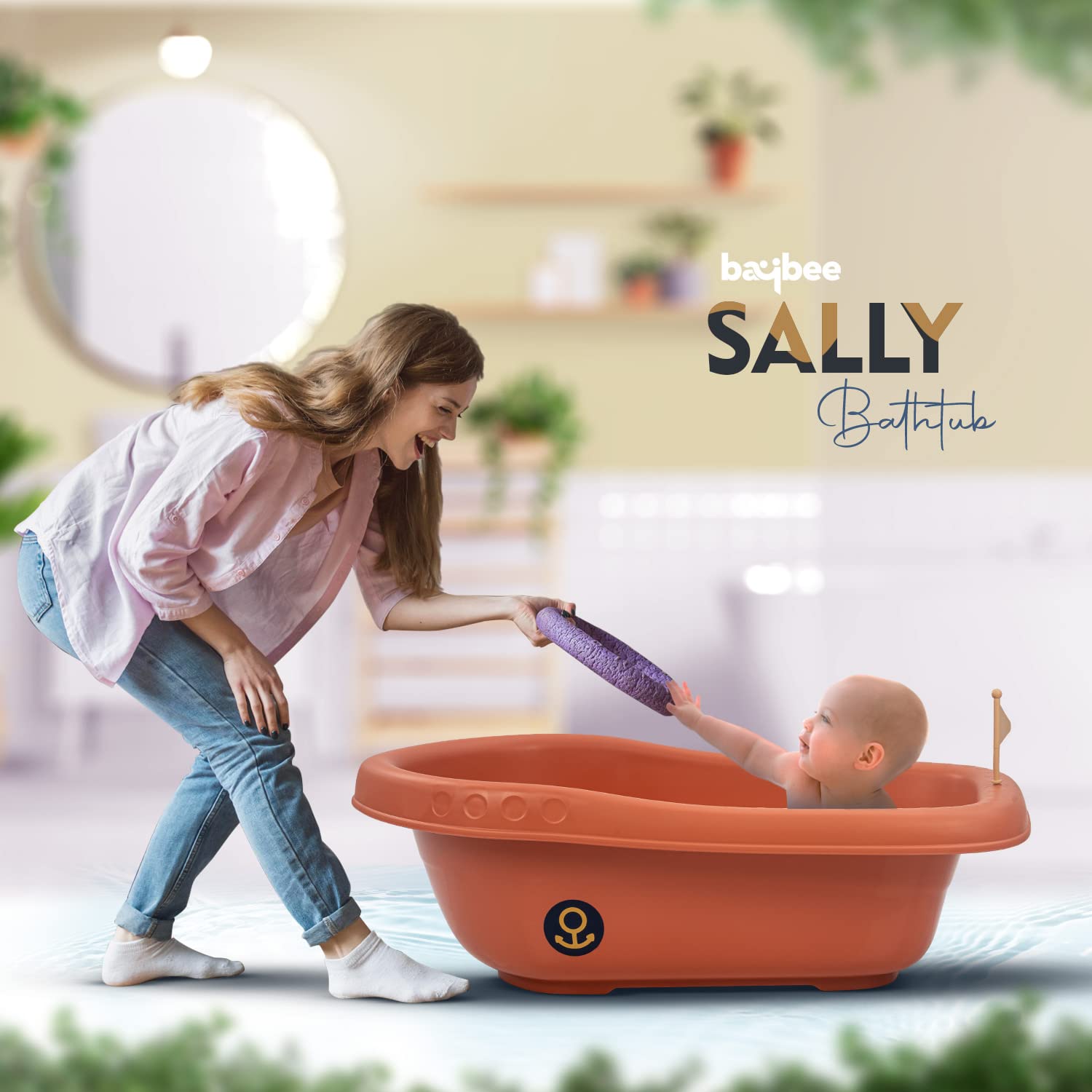 Sally Baby Bath Tub with Drainer & Non-Slip Base - Orange
