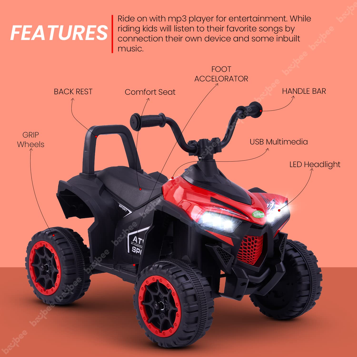 Minikin Monster ATV Electric Rechargeable Beach Buggy I LED Headlights & Music I 1-5 Years