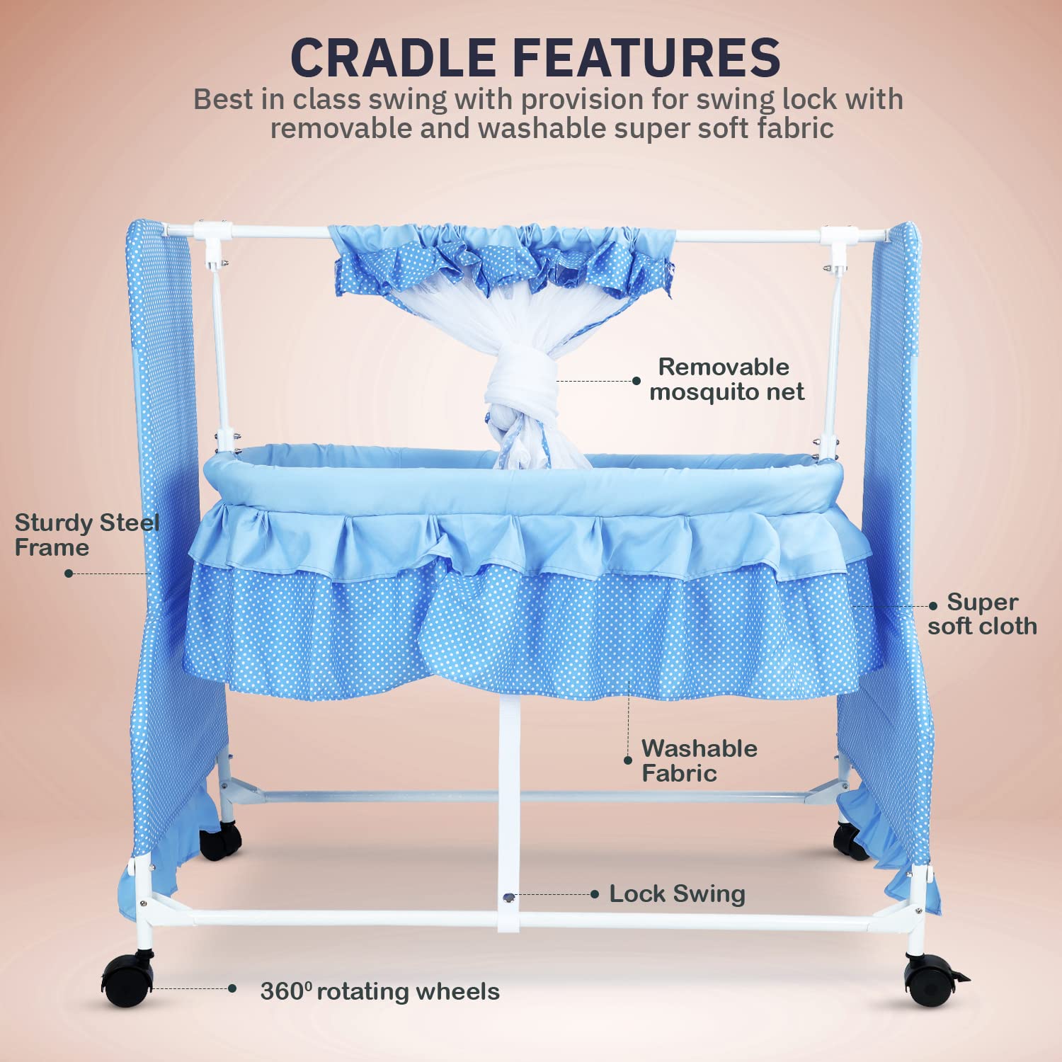 Neo Baby Swinging Cradle | Mosquito Net & Wheels | 0-12 Months