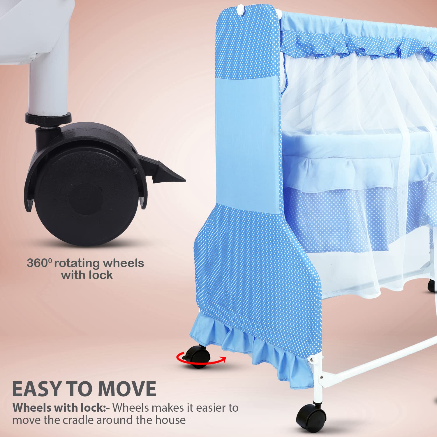 Neo Baby Swinging Cradle | Mosquito Net & Wheels | 0-12 Months