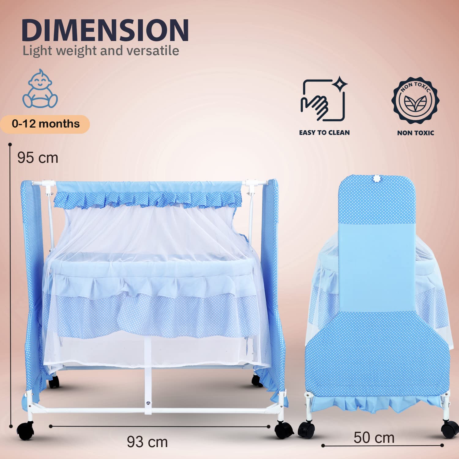 Neo Baby Swinging Cradle | Mosquito Net & Wheels | 0-12 Months