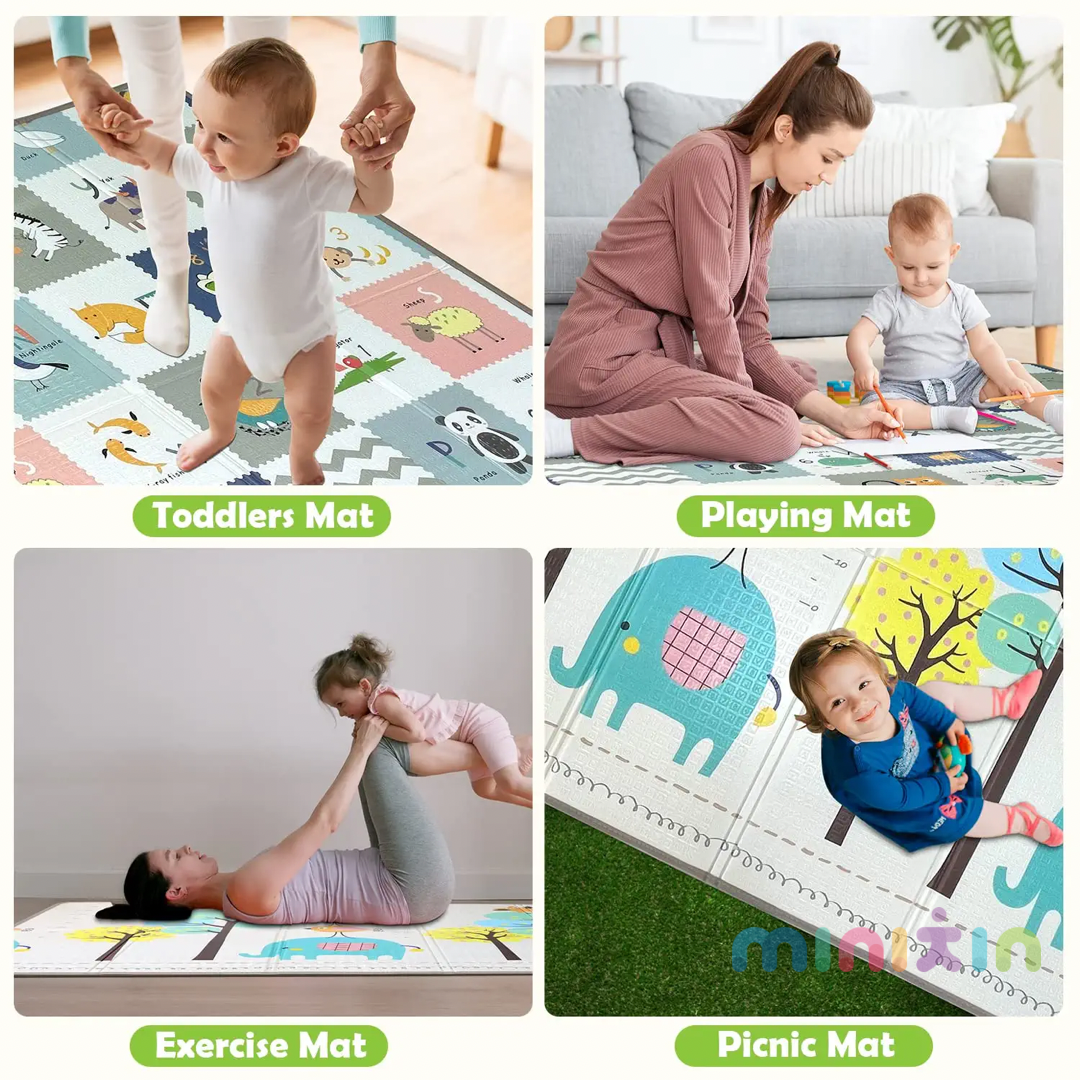 Double Sided Water-proof Foldable Baby Crawling Floor Play Mat. Multi-Purpose Floor Mat for Baby, Extra Thick Foam Mat 6X5 Feet (Assorted Prints)