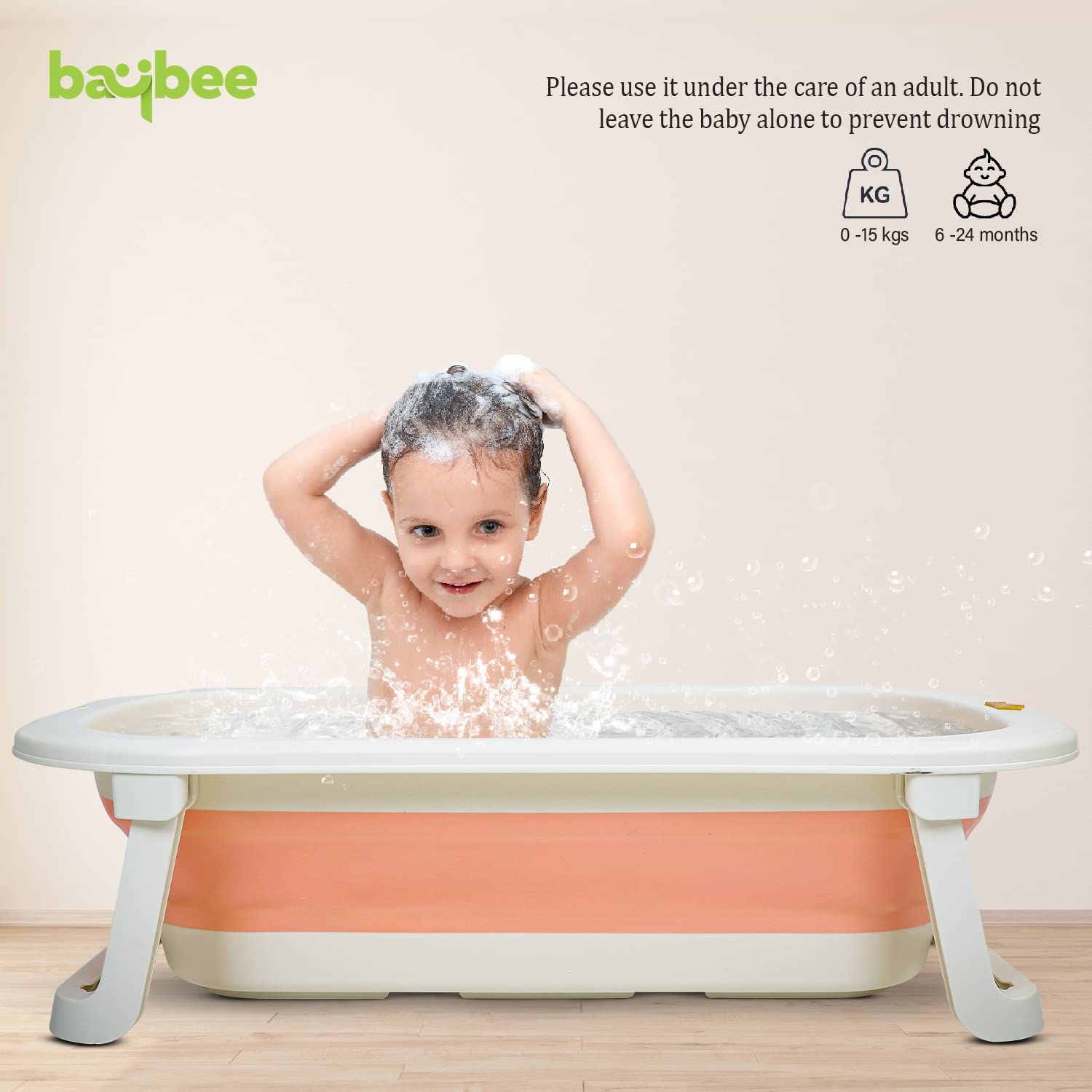 Aura Collapsible / Foldable Baby Bath Tub for Kids, Space Saving Design, Non-Slip Portable Jacuzzi Bathtub for Baby with Stand & Drainer. NB-3 Years. (Peach)
