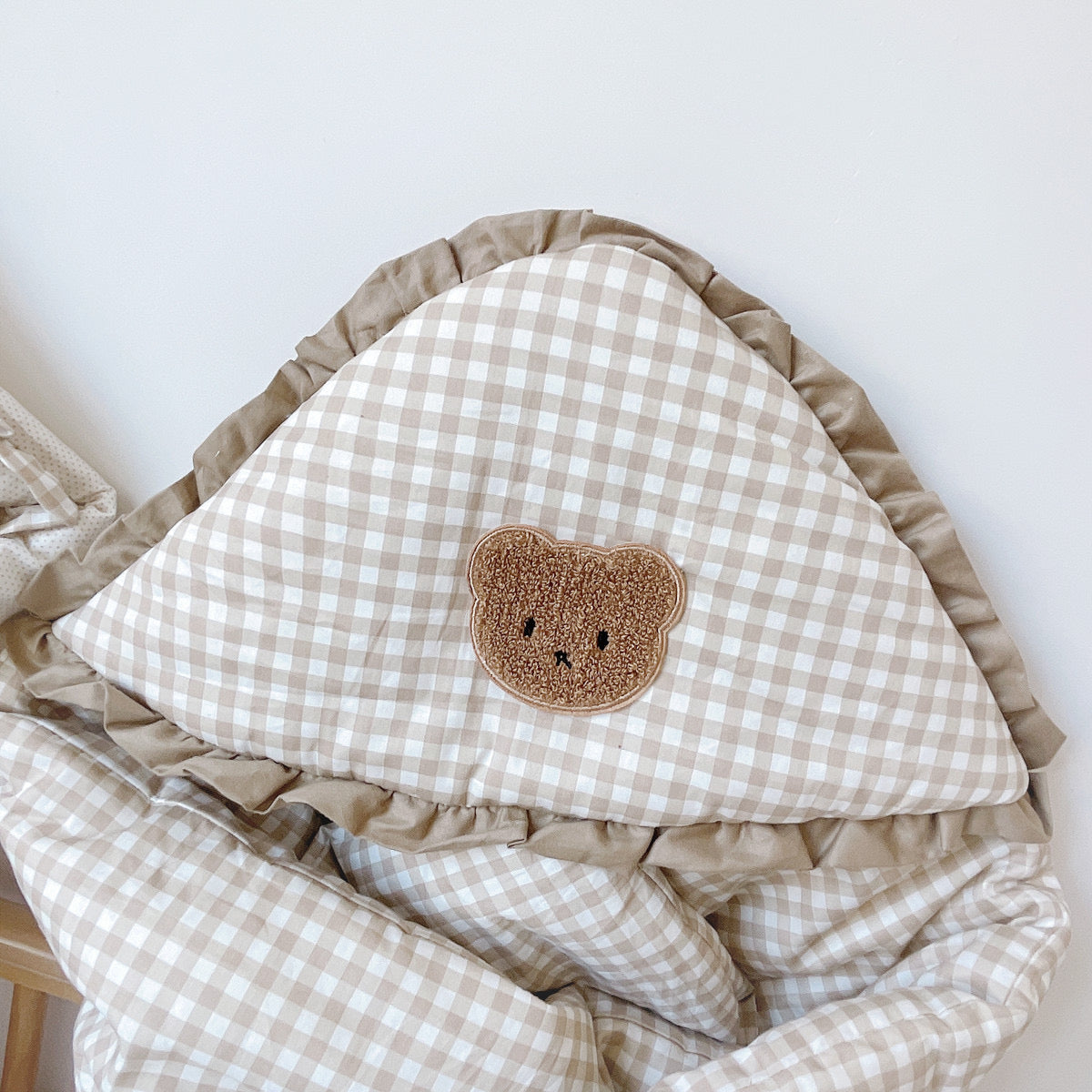 Luxury Quilted Baby Hooded Swaddle Blanket - Brown Checkered Bear, Soft and Cozy Wrapper for Newborns to 12 Months