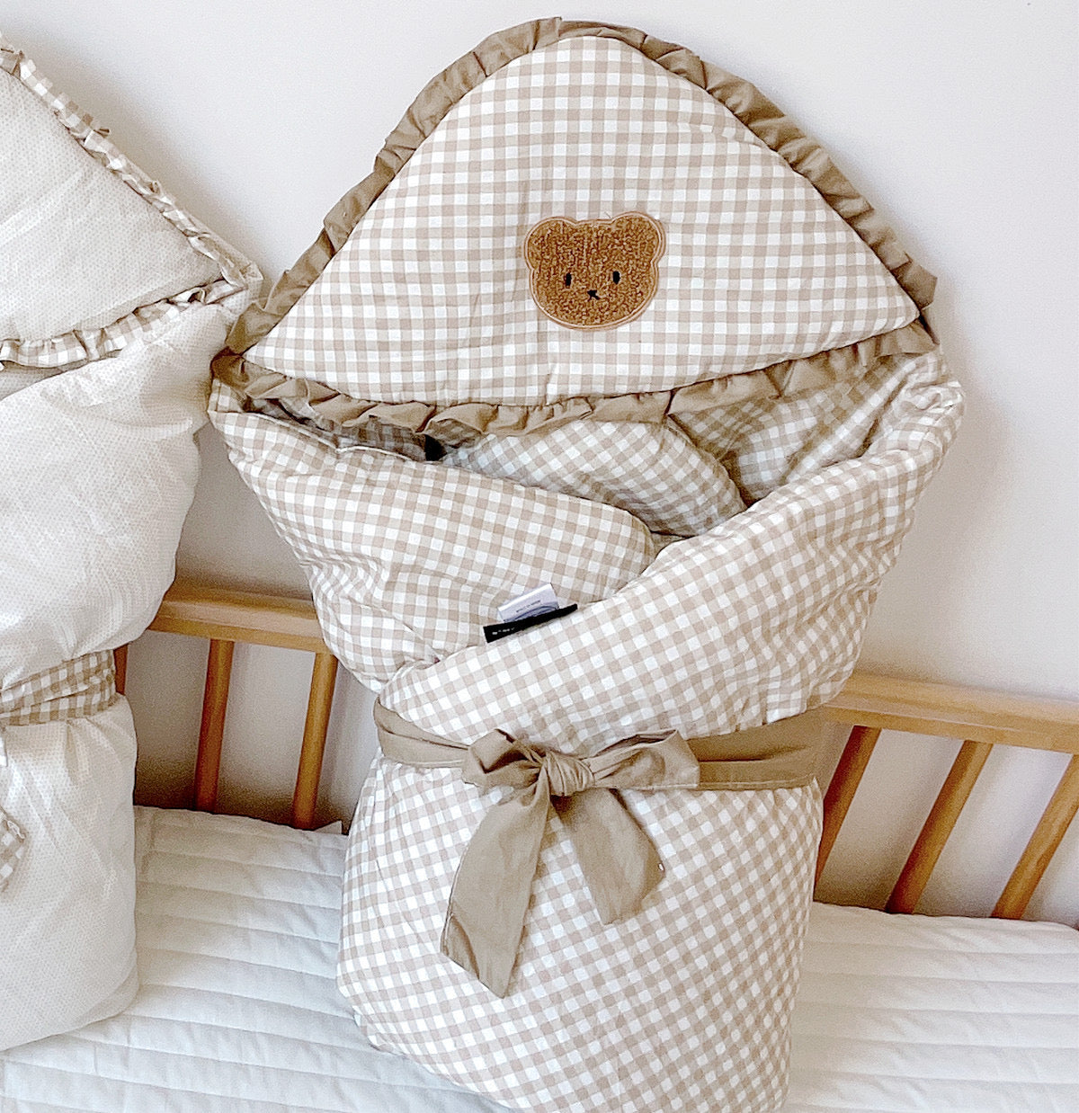 Luxury Quilted Baby Hooded Swaddle Blanket - Brown Checkered Bear, Soft and Cozy Wrapper for Newborns to 12 Months