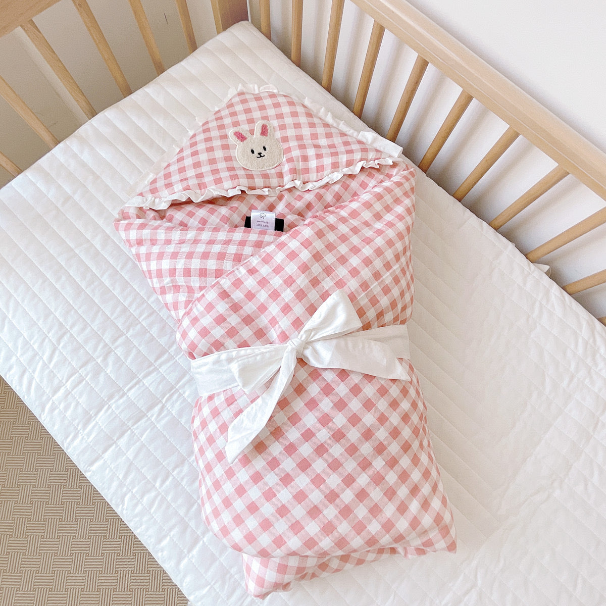 Luxury Quilted Baby Hooded Wrapper I Swaddle Blanket Comforter  - Pink Checkered Bunny