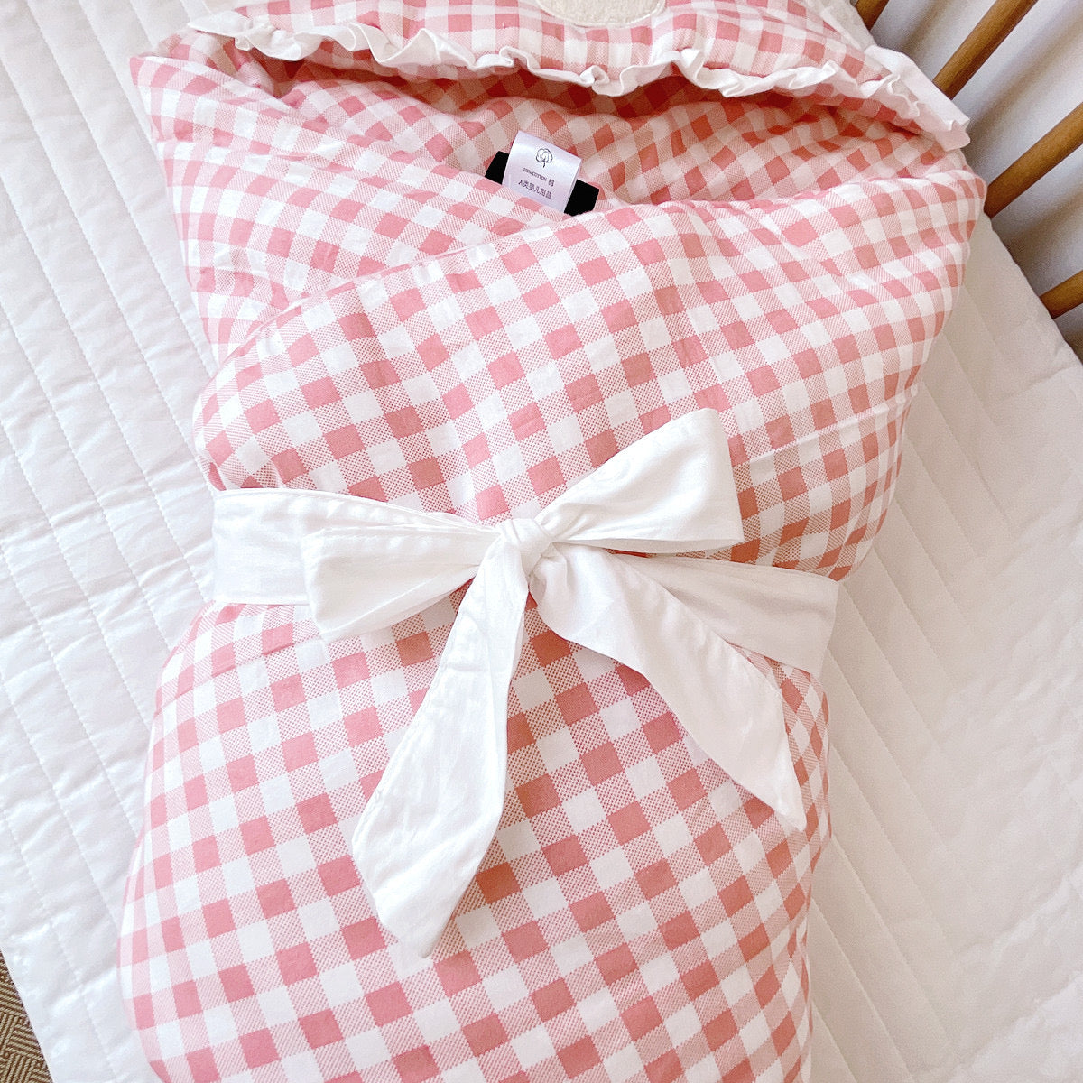 Luxury Quilted Baby Hooded Wrapper I Swaddle Blanket Comforter  - Pink Checkered Bunny