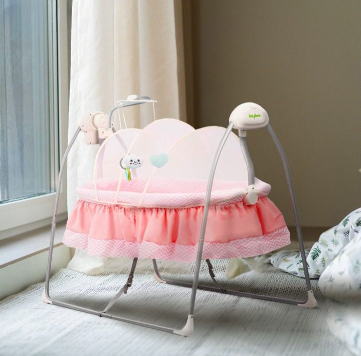 Wanda AutomaticElectric Baby Swing Cradle with Mosquito Net, Remote, Toy Bar & Music 0-24 Months (Pink)