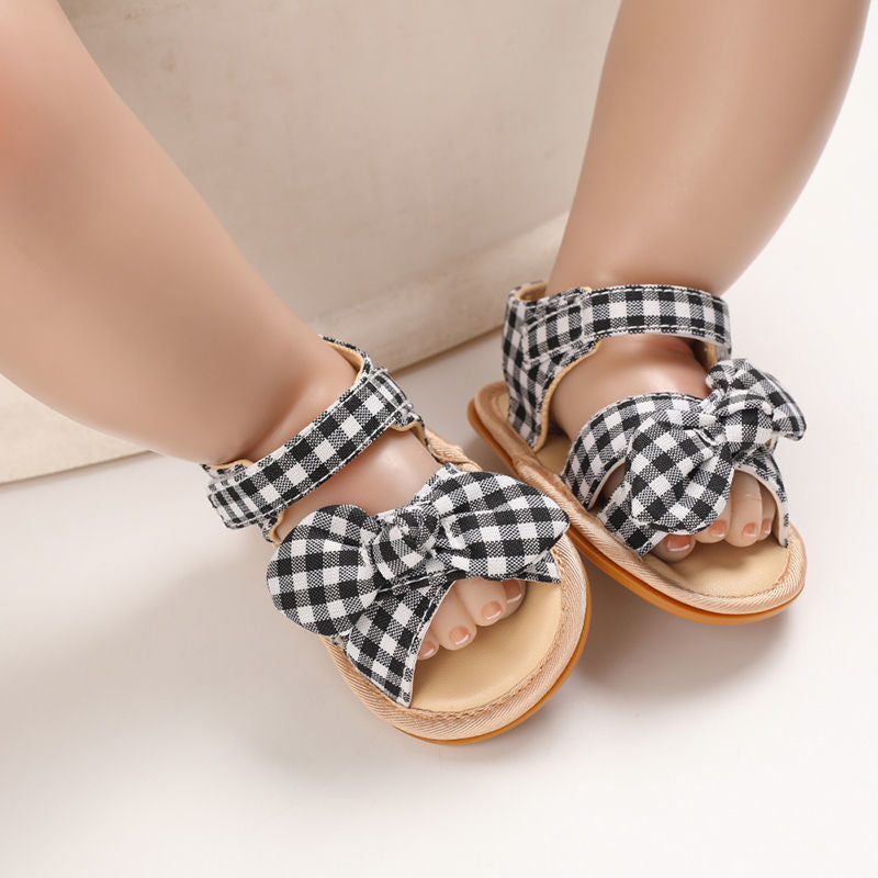 Black Checkered Plaid Bow Knot Pre-walker Sandals. Newborn - 18 Months