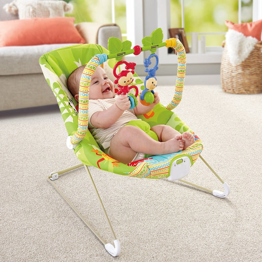 Portable Baby Bouncer and Rocker Chair with Soothing Vibrations, Multi-Position Recline, 3 Point Safety Belt & Detachable Baby Toys 0-3 Years