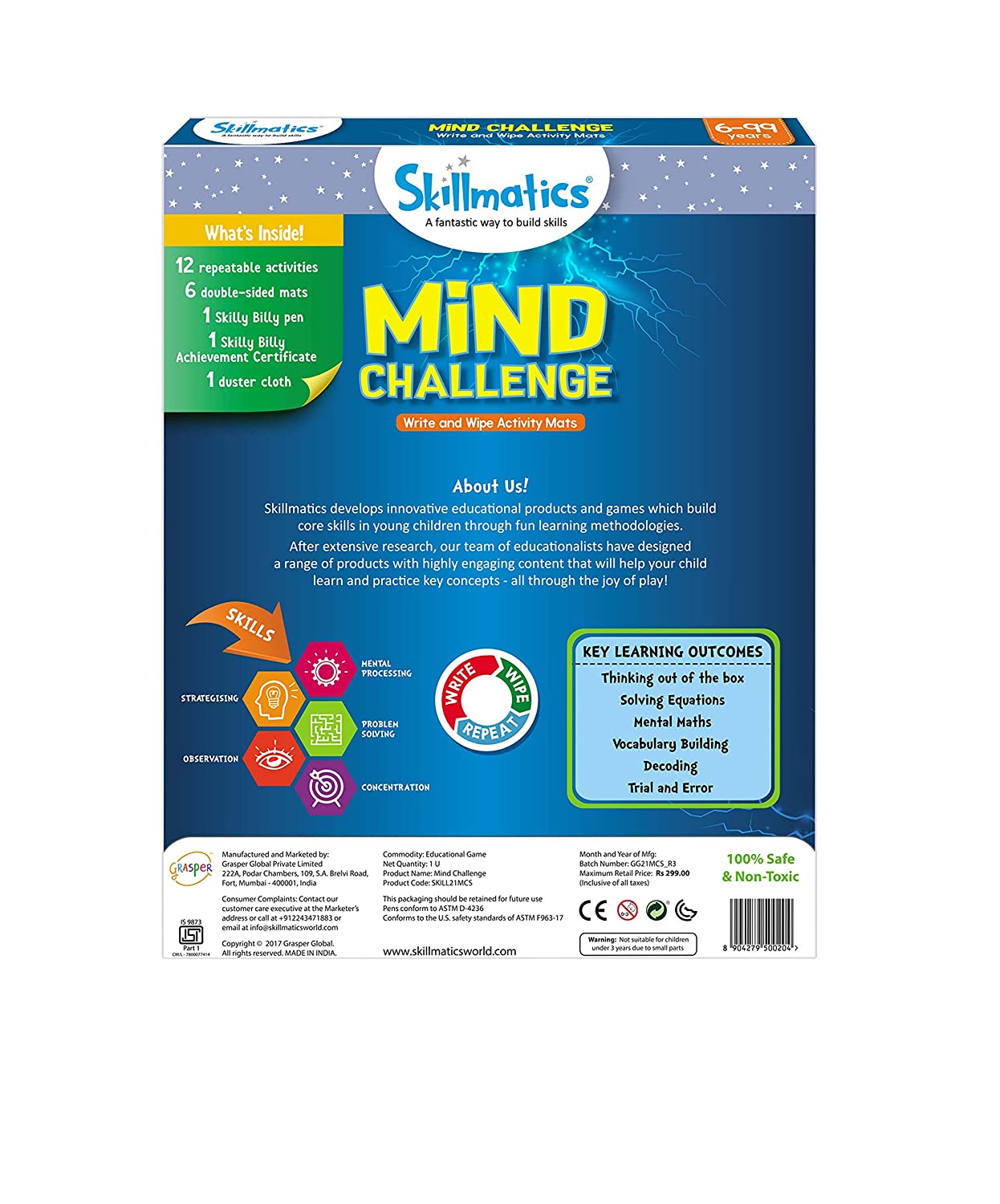 Skillmatics Educational Game : Mind Challenge | Reusable Activity Mats with Marker Pen | Gifts, Travel Toy & Learning Tools for Ages 6 and Up, Blue