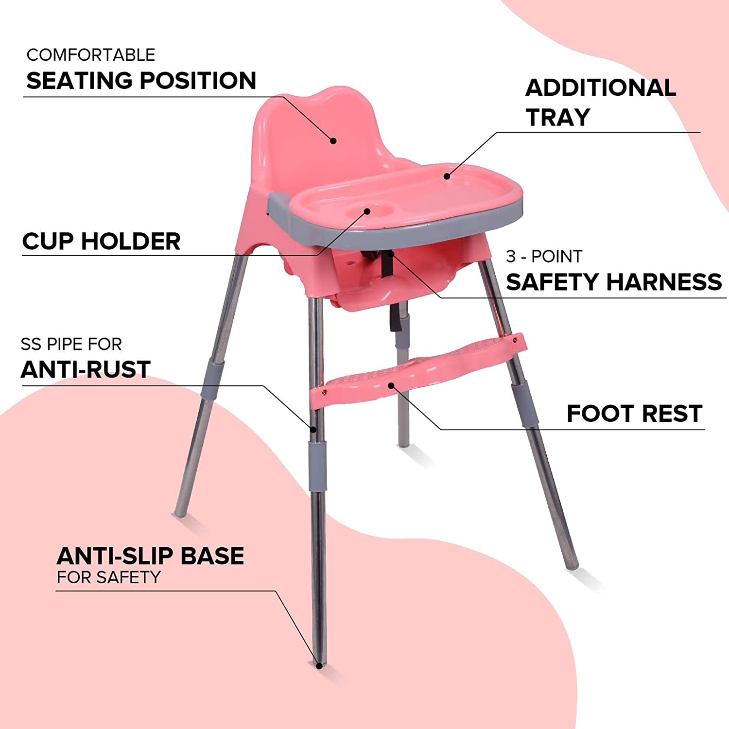 Skippy 2-in-1 Baby High Chair and Low Chair / Baby Dining Chair – with Footrest and Tray – (6 Months to 3 Years) (Pink)