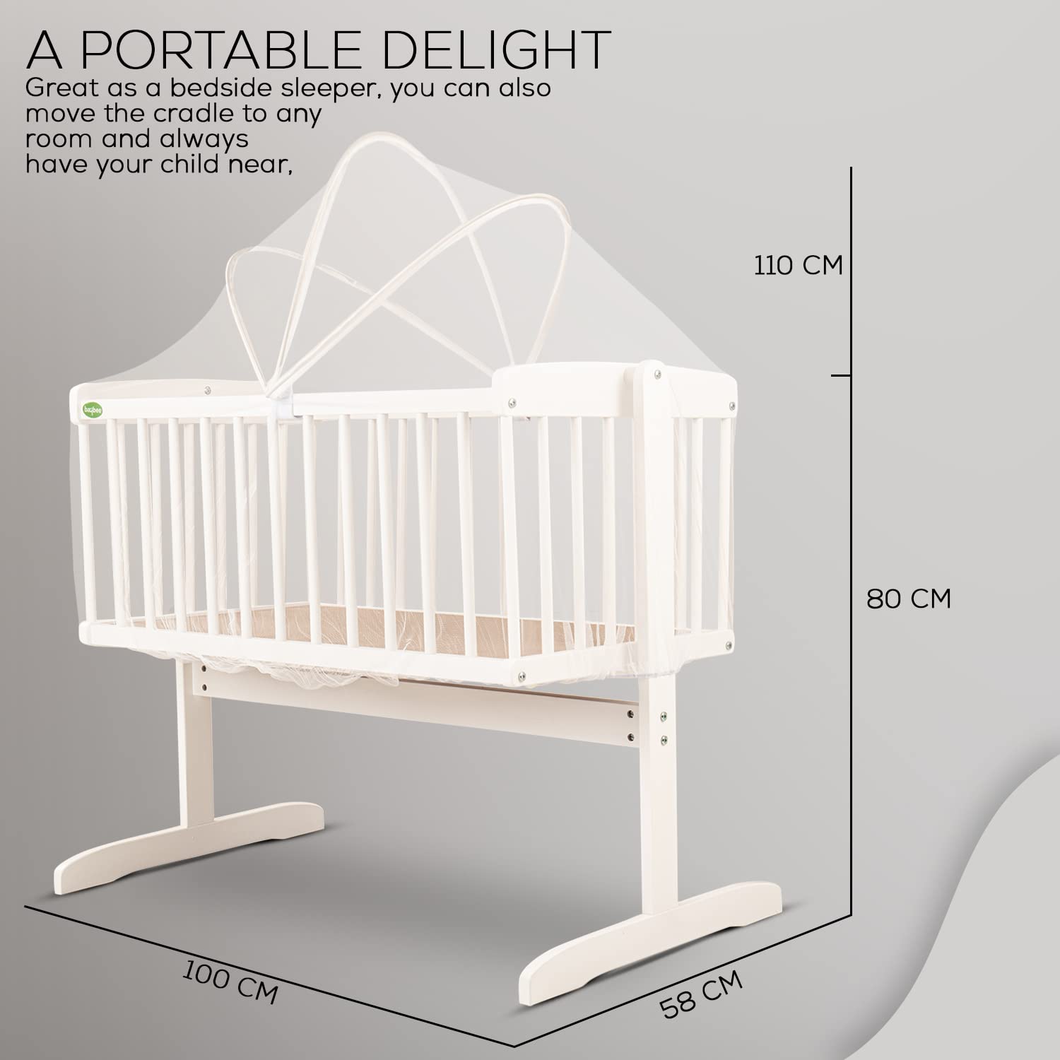 Herald Pinewood Swinging Crib I Detachable Mosquito Net I Newborn to 15 Months