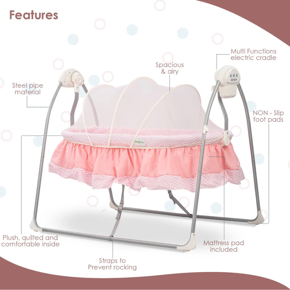 Wanda AutomaticElectric Baby Swing Cradle with Mosquito Net, Remote, Toy Bar & Music 0-24 Months (Pink) - The Minikin Store
