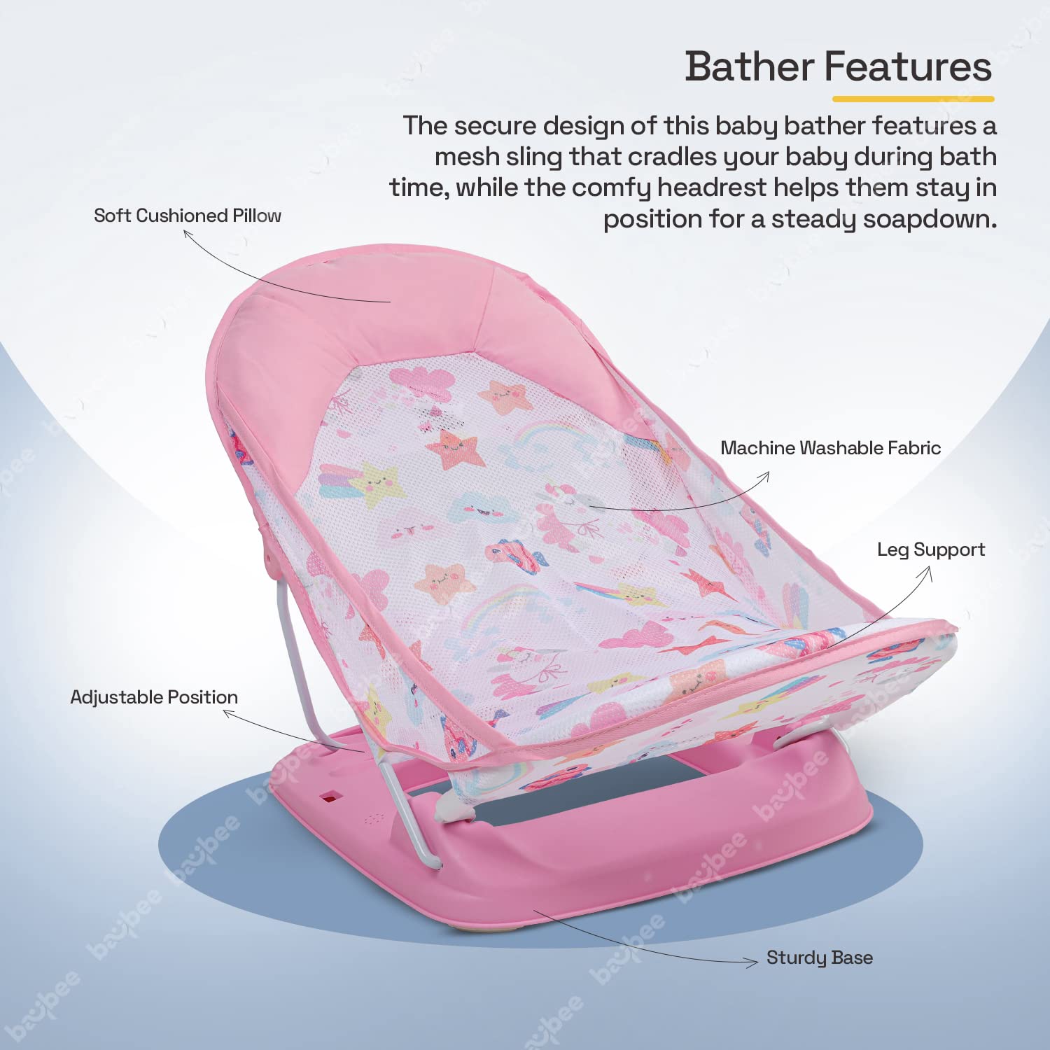 Infant Baby Bather - 3 Position Reclinable & Foldable - ( Pink)