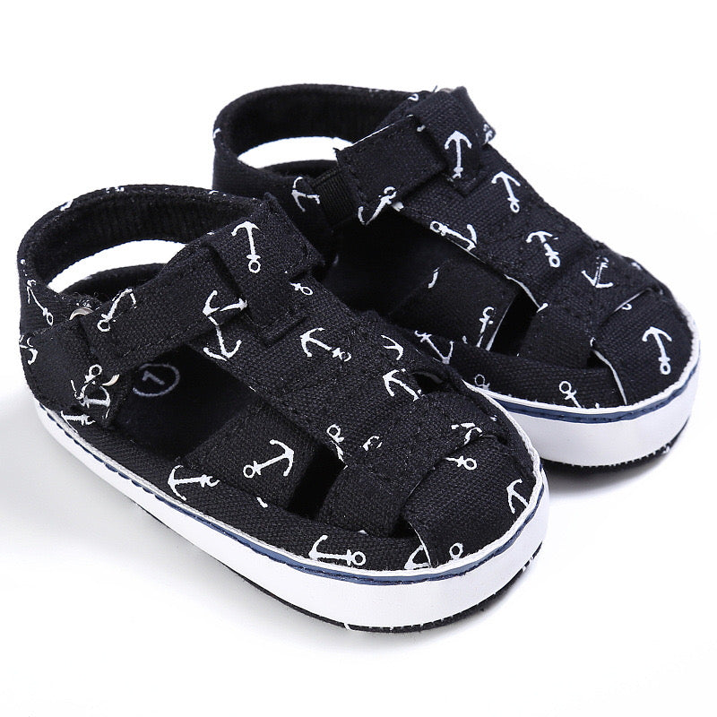 Boys Anchor Print Pre Walker Sandals Black 0-18M - The Minikin Store