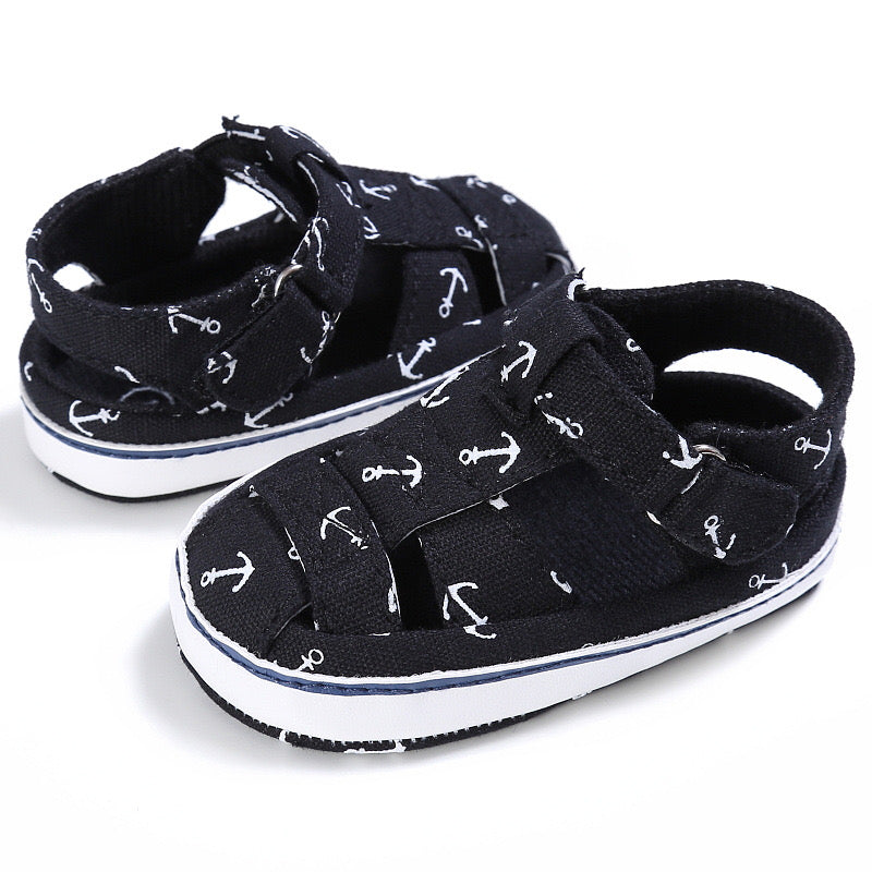 Boys Anchor Print Pre Walker Sandals Black 0-18M - The Minikin Store