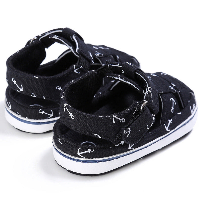 Boys Anchor Print Pre Walker Sandals Black 0-18M - The Minikin Store