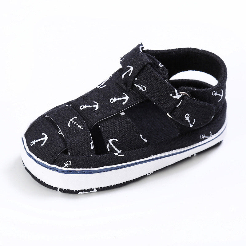 Boys Anchor Print Pre Walker Sandals Black 0-18M - The Minikin Store