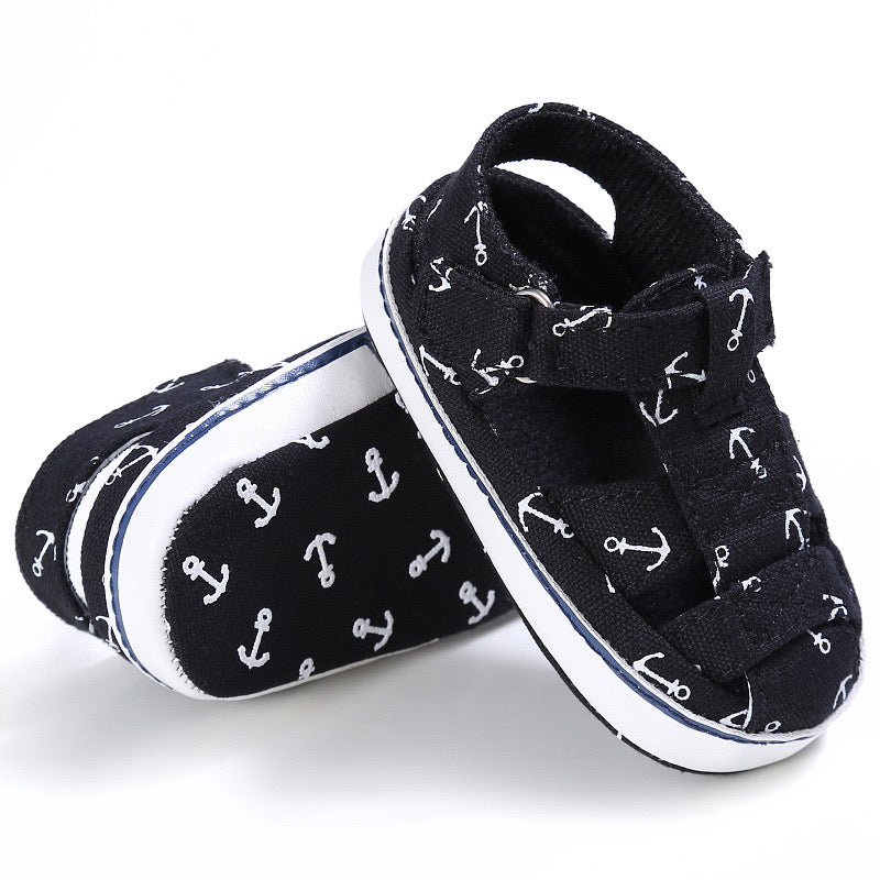 Boys Anchor Print Pre Walker Sandals Black 0-18M - The Minikin Store