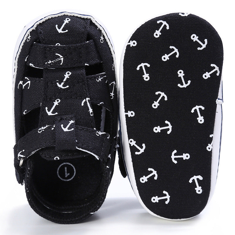 Boys Anchor Print Pre Walker Sandals Black 0-18M - The Minikin Store