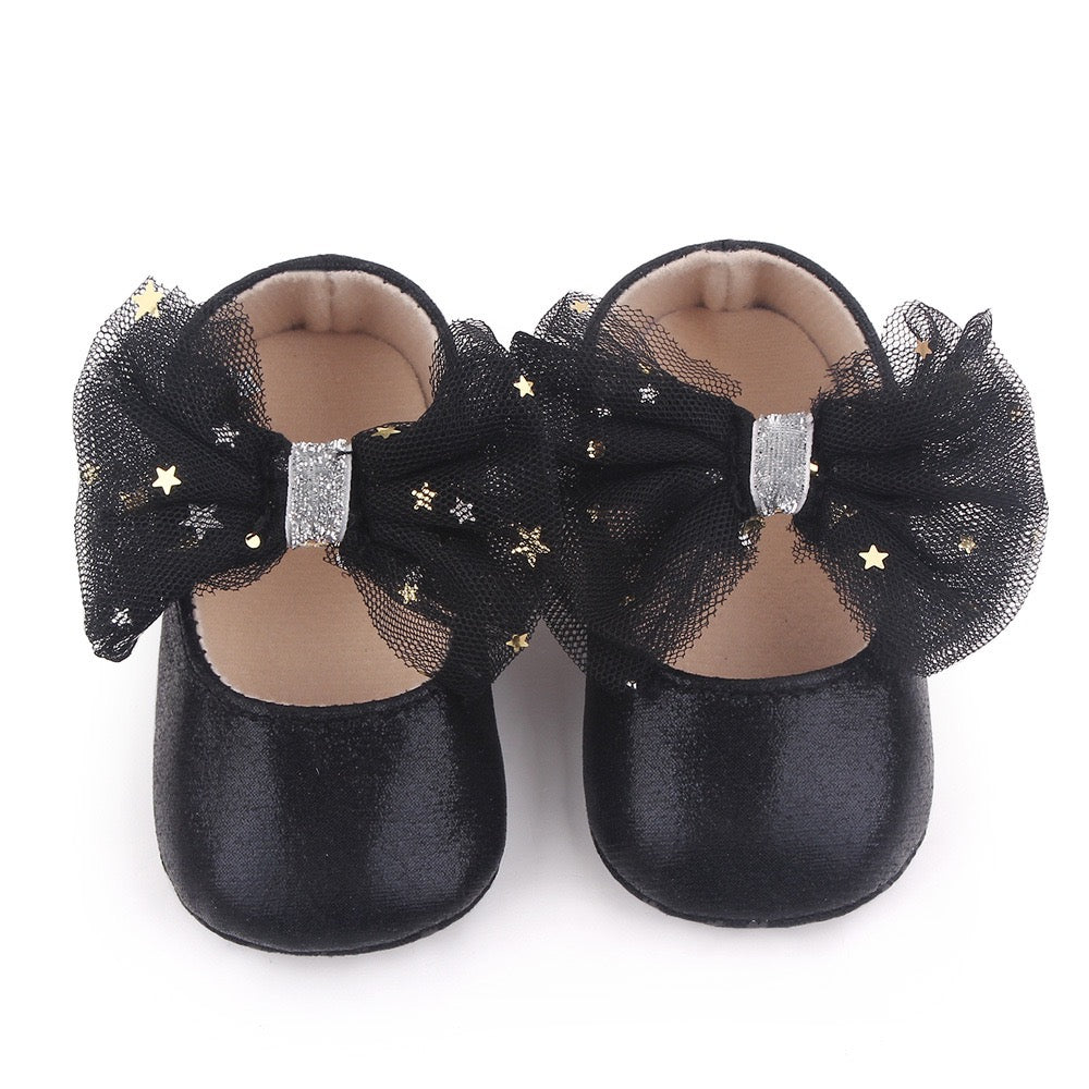 Black Starry Bow Girls Pre Walker Shoes 0-18M - The Minikin Store