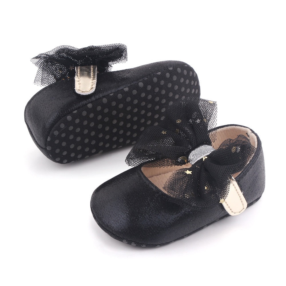 Black Starry Bow Girls Pre Walker Shoes 0-18M - The Minikin Store