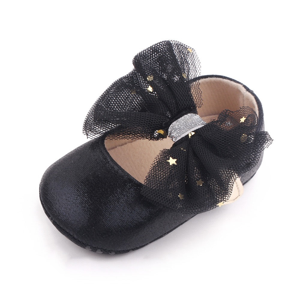 Black Starry Bow Girls Pre Walker Shoes 0-18M - The Minikin Store