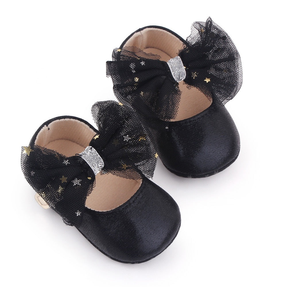 Black Starry Bow Girls Pre Walker Shoes 0-18M - The Minikin Store