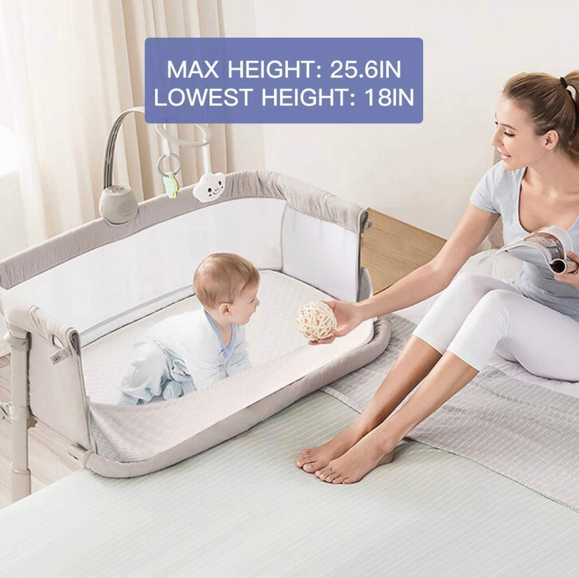 Cradella Baby Bedside Bassinet for Co-sleeping. Multi level height adjustments 0-24M (Grey) - The Minikin Store