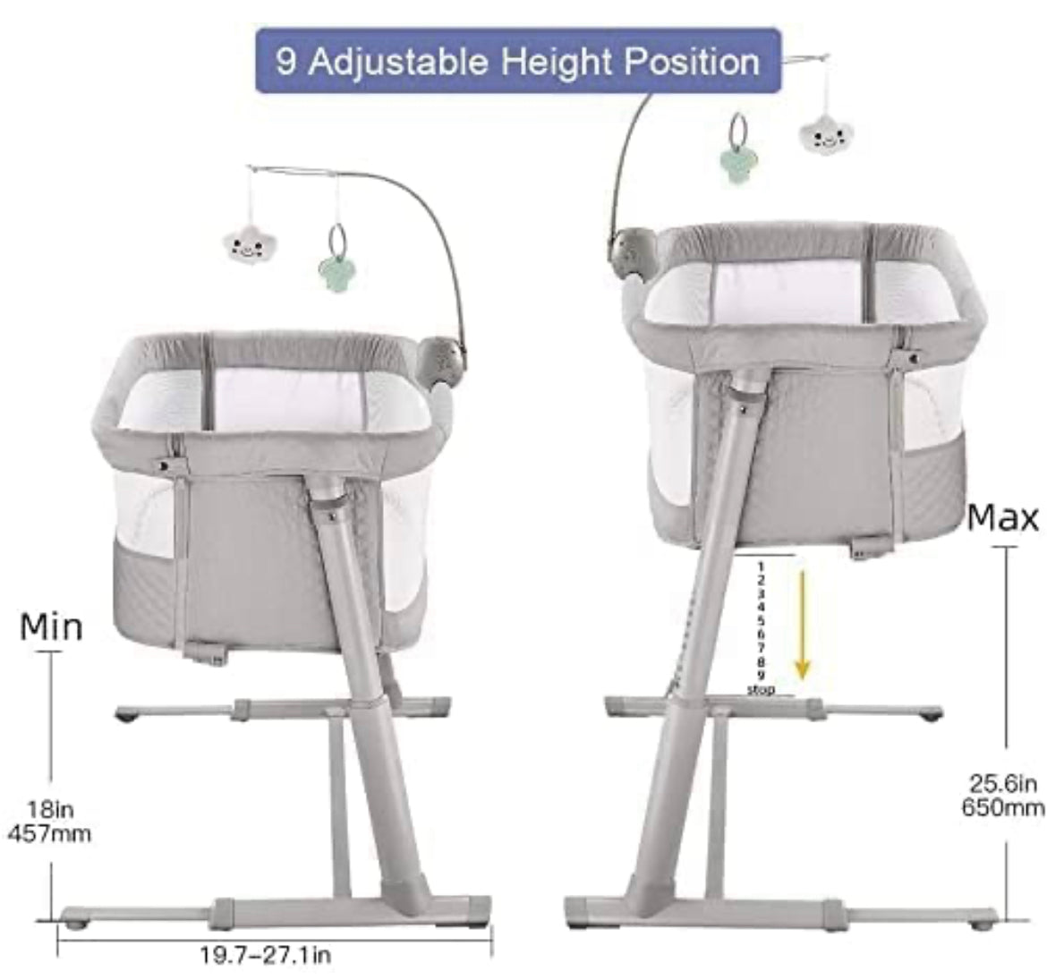 Cradella Baby Bedside Bassinet for Co-sleeping. Multi level height adjustments 0-24M (Grey) - The Minikin Store