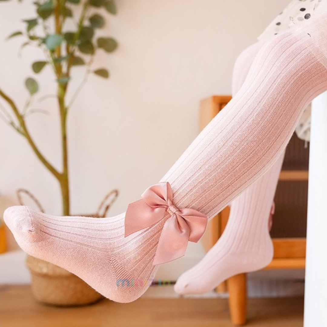 Satin Bow Ribbed Winter Tights / Stockings For Girls - The Minikin Store